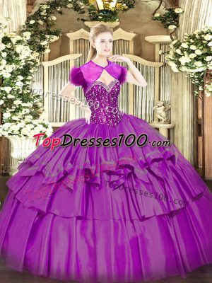 Fuchsia Ball Gowns Beading and Ruffled Layers Ball Gown Prom Dress Lace Up Organza and Taffeta Sleeveless Floor Length