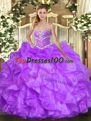 Adorable Lavender Ball Gowns Organza Sweetheart Sleeveless Beading and Ruffles Floor Length Lace Up Sweet 16 Dress