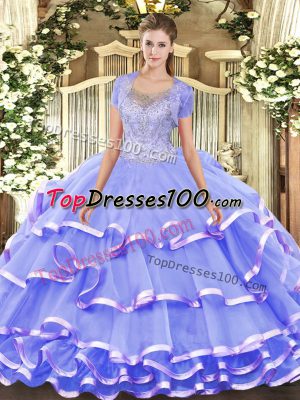 Hot Selling Floor Length Clasp Handle Ball Gown Prom Dress Lavender for Military Ball and Sweet 16 and Quinceanera with Beading and Ruffled Layers