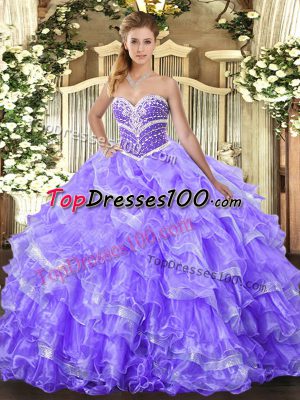 High Quality Beading and Ruffled Layers Quince Ball Gowns Lavender Lace Up Sleeveless Floor Length