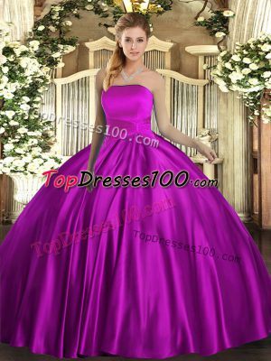 Fuchsia Lace Up Quinceanera Gowns Ruching Sleeveless Floor Length