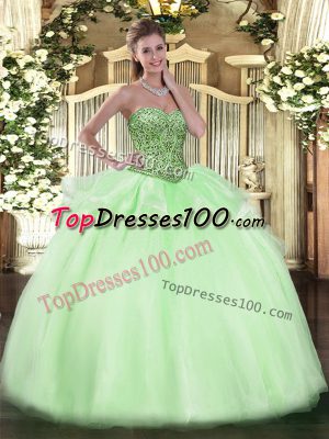 Luxury Floor Length Lace Up Quinceanera Gown Apple Green for Military Ball and Sweet 16 and Quinceanera with Beading and Ruffles