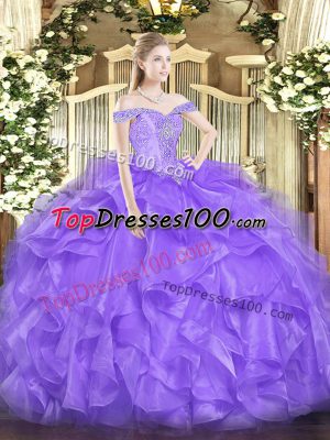 Eye-catching Lavender Ball Gowns Beading and Ruffles Quinceanera Dress Lace Up Organza Sleeveless Floor Length