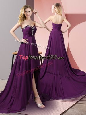 Luxury Sweetheart Sleeveless High Low Beading Purple Chiffon