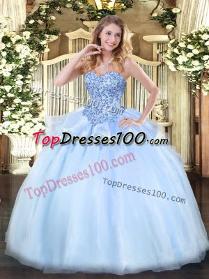 New Style Light Blue Ball Gowns Sweetheart Sleeveless Organza Floor Length Lace Up Appliques Quince Ball Gowns