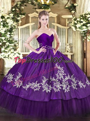 Most Popular Organza and Taffeta Sweetheart Sleeveless Zipper Embroidery Quinceanera Gowns in Purple