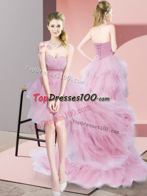 Sweetheart Sleeveless Party Dresses High Low Beading Baby Pink Tulle