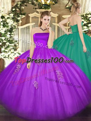 Excellent Ball Gowns Sweet 16 Dress Eggplant Purple Strapless Tulle Sleeveless Floor Length Zipper