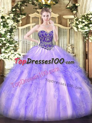 Lavender Ball Gowns Tulle Sweetheart Sleeveless Beading and Ruffles Floor Length Lace Up Quinceanera Gowns