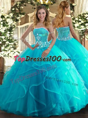 Shining Tulle Strapless Sleeveless Lace Up Beading and Ruffles Sweet 16 Quinceanera Dress in Aqua Blue