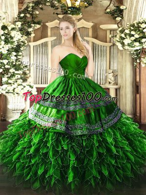 Best Selling Green Organza and Taffeta Zipper Sweetheart Sleeveless Floor Length 15th Birthday Dress Embroidery and Ruffles