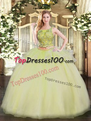 Flirting Scoop Sleeveless Lace Up Quinceanera Gowns Yellow Organza