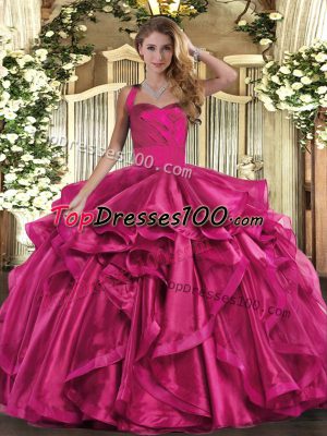 Romantic Floor Length Lace Up Quinceanera Gowns Fuchsia for Military Ball and Sweet 16 and Quinceanera with Ruffles