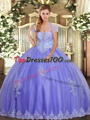 Noble Lavender Quinceanera Dresses Military Ball and Sweet 16 and Quinceanera with Appliques Strapless Sleeveless Lace Up