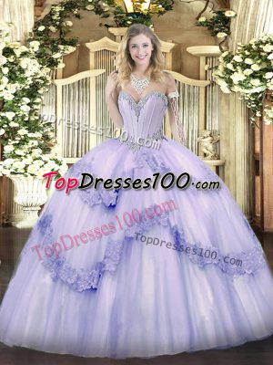 Modern Lavender Sleeveless Floor Length Beading and Appliques Lace Up 15th Birthday Dress