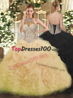 Stunning Champagne Halter Top Neckline Beading and Ruffles and Pick Ups Quinceanera Dress Sleeveless Lace Up