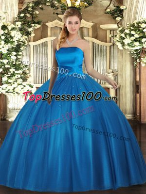 Baby Blue Lace Up Strapless Ruching Quinceanera Gowns Tulle Sleeveless