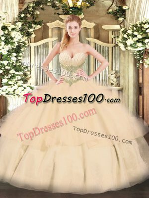 Champagne Ball Gown Prom Dress Military Ball and Sweet 16 and Quinceanera with Beading and Ruffled Layers Sweetheart Sleeveless Lace Up