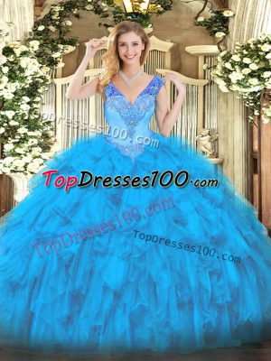 Traditional Baby Blue Ball Gown Prom Dress Military Ball and Sweet 16 and Quinceanera with Beading and Ruffles V-neck Sleeveless Lace Up