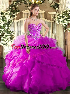 New Style Floor Length Fuchsia 15 Quinceanera Dress Organza Sleeveless Embroidery and Ruffles