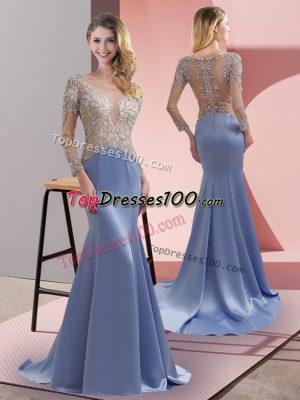 Shining Scoop 3 4 Length Sleeve Brush Train Zipper Prom Evening Gown Lavender Elastic Woven Satin