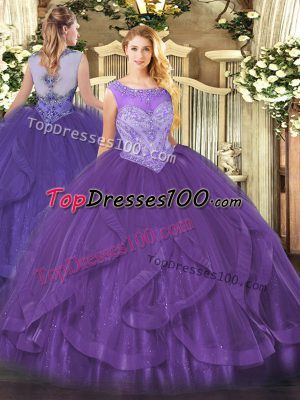 Unique Ball Gowns Sweet 16 Dress Eggplant Purple Scoop Tulle Sleeveless Floor Length Lace Up