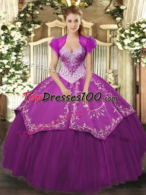 Vintage Purple Ball Gowns Sweetheart Sleeveless Satin and Tulle Floor Length Lace Up Beading and Embroidery 15th Birthday Dress