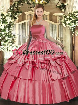 Spectacular Ball Gowns Quince Ball Gowns Coral Red Strapless Organza Sleeveless Floor Length Lace Up