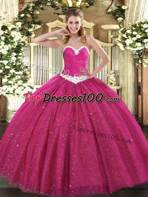 Fashionable Hot Pink Sleeveless Tulle Lace Up Ball Gown Prom Dress for Military Ball and Sweet 16 and Quinceanera
