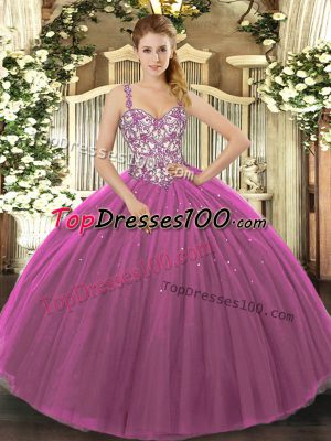 Fashionable Purple Tulle Lace Up Straps Sleeveless Floor Length 15th Birthday Dress Beading and Appliques