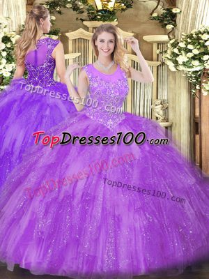 Scoop Sleeveless Sweet 16 Quinceanera Dress Floor Length Beading and Ruffles Lavender Tulle