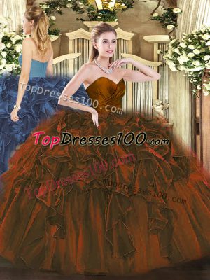 New Style Floor Length Zipper Quinceanera Gowns Brown for Military Ball and Sweet 16 and Quinceanera with Ruffles