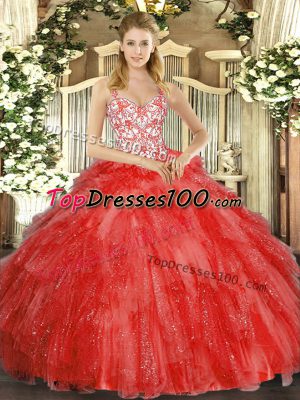 Coral Red 15 Quinceanera Dress Sweet 16 and Quinceanera with Beading and Ruffles Straps Sleeveless Lace Up