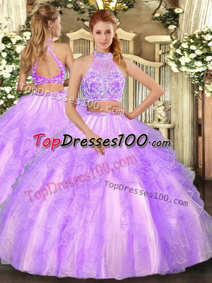 Sleeveless Floor Length Beading and Ruffled Layers Criss Cross Quinceanera Dresses with Lavender
