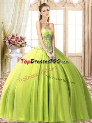 Deluxe Floor Length Lace Up Ball Gown Prom Dress Yellow Green for Military Ball and Sweet 16 and Quinceanera with Beading