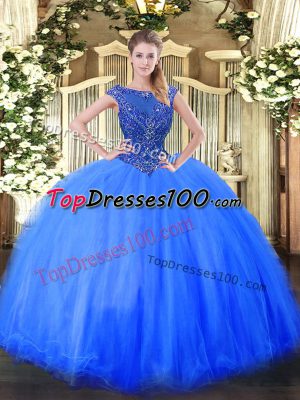 Unique Blue 15 Quinceanera Dress Sweet 16 and Quinceanera with Beading Scoop Cap Sleeves Zipper
