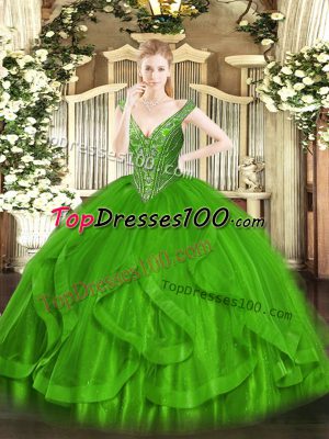 Ball Gowns V-neck Sleeveless Tulle Floor Length Lace Up Beading and Ruffles Ball Gown Prom Dress