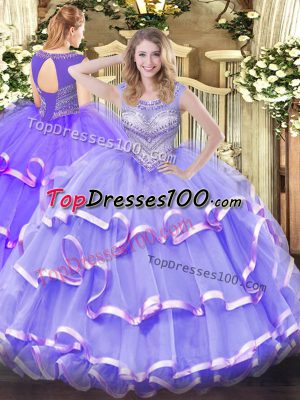High End Lavender Quinceanera Gown Military Ball and Sweet 16 and Quinceanera with Beading and Ruffled Layers Scoop Sleeveless Lace Up