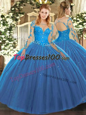 Teal Ball Gowns Lace 15 Quinceanera Dress Lace Up Tulle Long Sleeves Floor Length