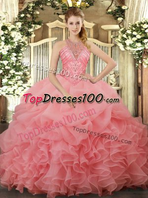 Luxurious Watermelon Red 15th Birthday Dress Military Ball and Sweet 16 and Quinceanera with Beading and Ruffles and Pick Ups Halter Top Sleeveless Lace Up