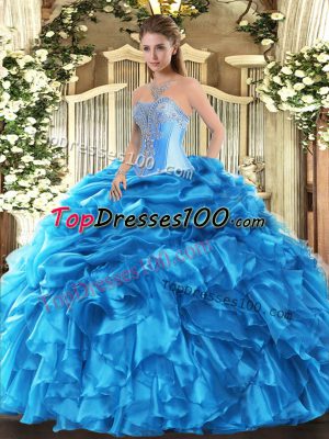 Fantastic Baby Blue Organza Lace Up Sweetheart Sleeveless Floor Length Sweet 16 Dresses Beading and Ruffles and Pick Ups