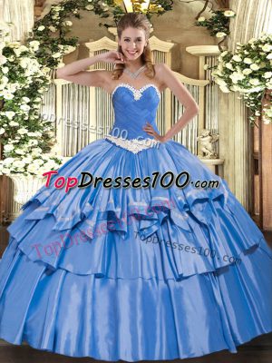 Blue Organza and Taffeta Lace Up Sweetheart Sleeveless Floor Length Quinceanera Gown Appliques and Ruffled Layers