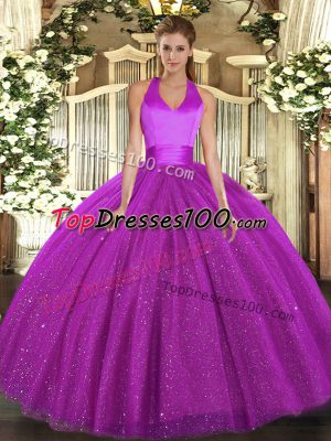 Fuchsia Ball Gowns Halter Top Sleeveless Tulle Floor Length Lace Up Sequins Quinceanera Gowns