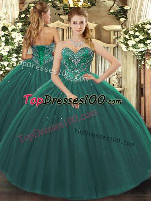 Luxury Dark Green Ball Gowns Sweetheart Sleeveless Tulle Floor Length Lace Up Beading Quinceanera Gowns