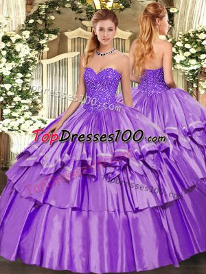 Lavender Organza and Taffeta Lace Up Sweet 16 Dress Sleeveless Floor Length Beading and Ruffles