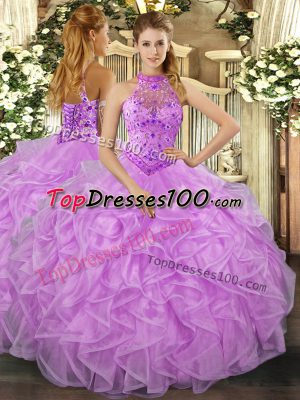 Custom Fit Floor Length Lace Up Quince Ball Gowns Lavender for Sweet 16 and Quinceanera with Beading and Ruffles