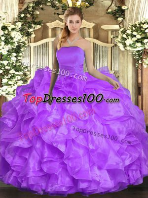 Attractive Ball Gowns Ball Gown Prom Dress Lavender Strapless Organza Sleeveless Floor Length Lace Up