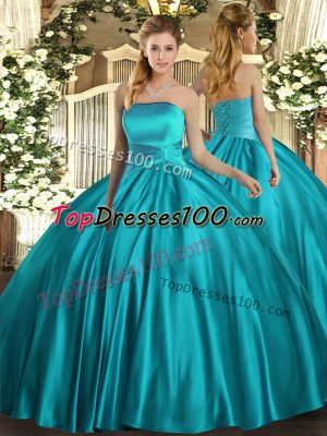 Nice Teal Ball Gowns Satin Strapless Sleeveless Ruching Floor Length Lace Up Quinceanera Gown