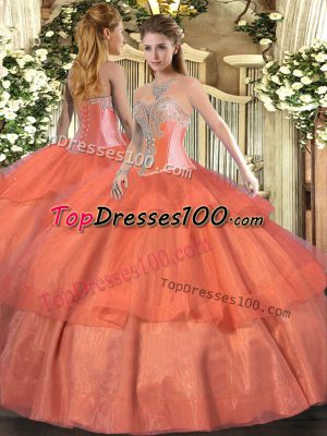Flare Coral Red Sweetheart Lace Up Beading and Ruffled Layers Sweet 16 Quinceanera Dress Sleeveless