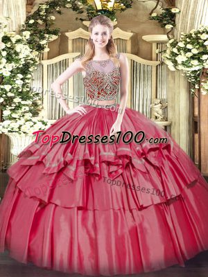 Clearance Two Pieces Sweet 16 Dresses Coral Red Scoop Organza and Taffeta Sleeveless Floor Length Lace Up